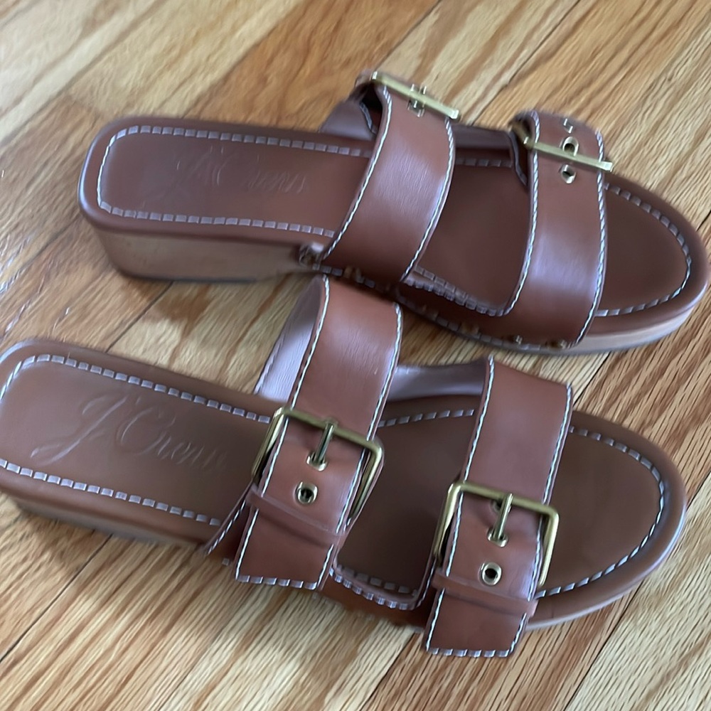 J Crew Leather Double‎ Buckle-Strap Wood Heel Retro Sandals